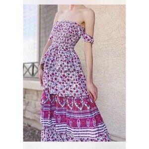 Abel The Label Anthropologie Maxi Dress SZ XS Pink Romance Smocked Tiered Boho